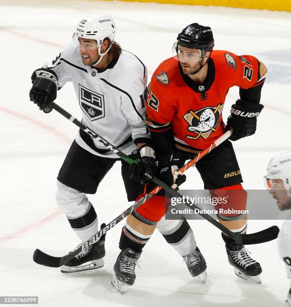 Kevin Shattenkirk of the Anaheim Ducks battles for position against Alex Iafallo of the Los Angeles Kings during the game at Honda Center on February...