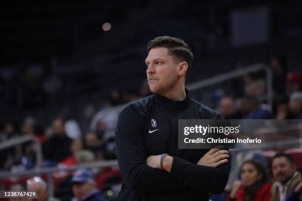 Head coach Grant Gibbs of the Oklahoma City Blue on the sidelines against the Rio Grande Valley Vipers during an NBA G-League game on Febuary 25,...