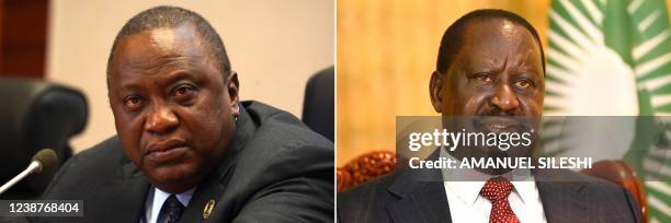 This combination of file photos created on February 23, 2022 shows President of the Republic of Kenya Uhuru Kenyatta giving a presser at the Africa...