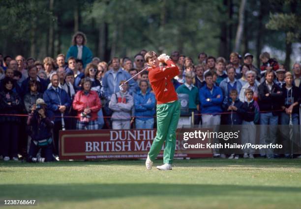 Nick Faldo of England drives off the tee during the final round of the Dunhill British Masters at Woburn Golf and Country Club on June 4, 1989 in...