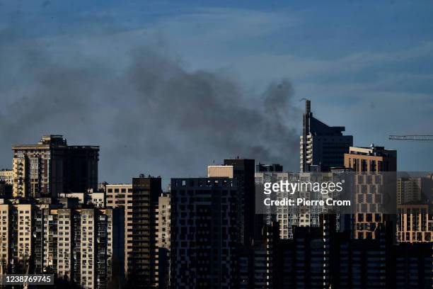 Smoke is seen rising from buildings on February 26, 2022 in Kyiv, Ukraine. Explosions and gunfire were reported around Kyiv on the second night of...