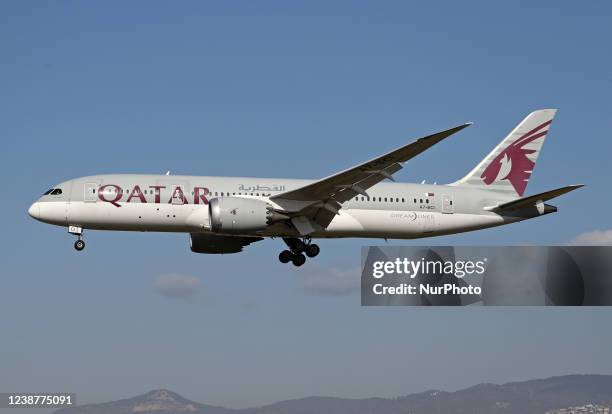 Boeing 787, from Qatar Airways company, getting ready to land at Barcelona airport, in Barcelona on 10th february 2022. --