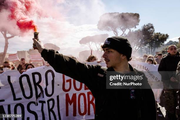 Demonstration against war and for peace in support of the Ukrainian people, on February 26, 2022 in Rome, Italy. Thousands marched through the...