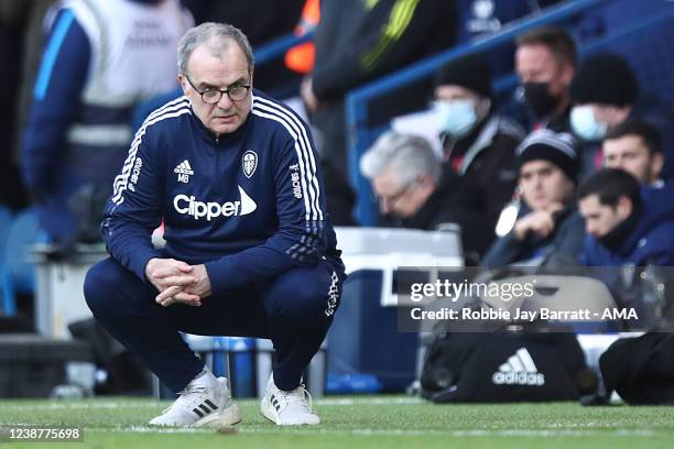 Marcelo Bielsa the head coach / manager of Leeds United during the Premier League match between Leeds United and Tottenham Hotspur at Elland Road on...