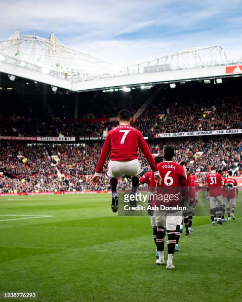 Cristiano Ronaldo of Manchester United jumps prior to the Premier League match between Manchester United and Watford at Old Trafford on February 26,...