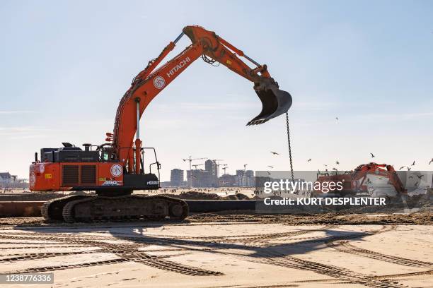 Illustration picture shows a press visit to works on the beach of Ostend, Saturday 26 February 2022. This week, the agency for Maritime Services and...