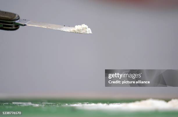 February 2022, Hamburg: A press officer of the Hamburg Customs presents a small part of the seized cocaine at a media event in the port. Customs...
