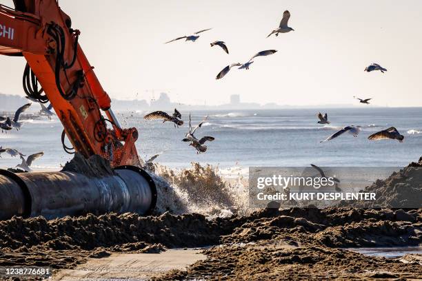 Illustration picture shows a press visit to works on the beach of Ostend, Saturday 26 February 2022. This week, the agency for Maritime Services and...