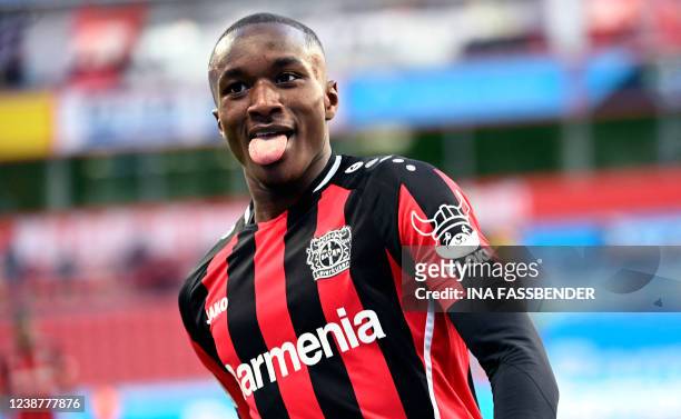 Leverkusen's French forward Moussa Diaby celebrates a goal during the German first division Bundesliga football match between Bayer Leverkusen and...
