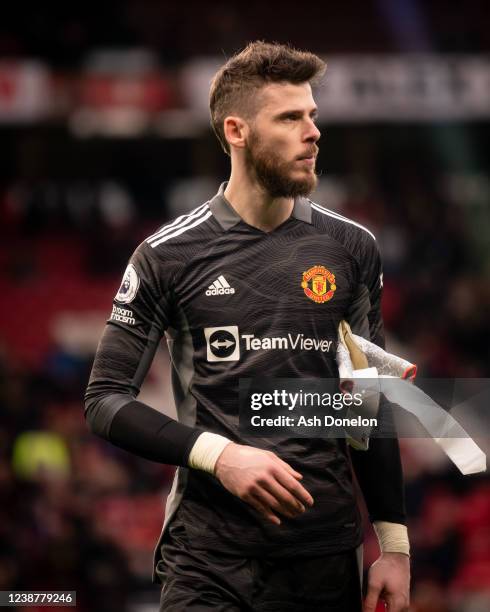 David de Gea of Manchester United looks on at the end of the Premier League match between Manchester United and Watford at Old Trafford on February...