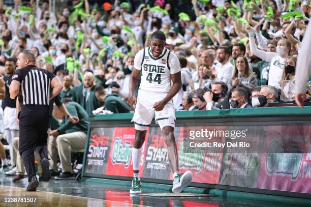 Gabe Brown of the Michigan State Spartans celebrates during the game against the Purdue Boilermakers at Breslin Center on February 26, 2022 in East...