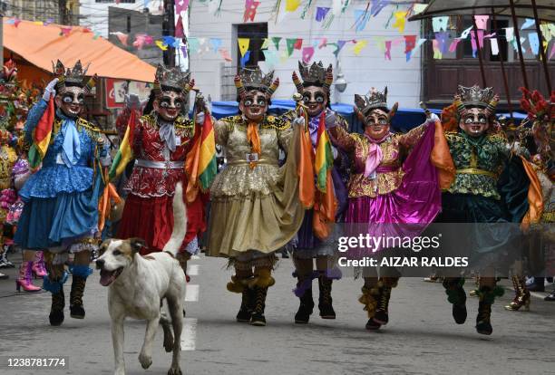 Dancers of the Diablada dance take part in the main parade of the Oruro carnival in Oruro, Bolivia, on February 26, 2022. - The Oruro carnival is...