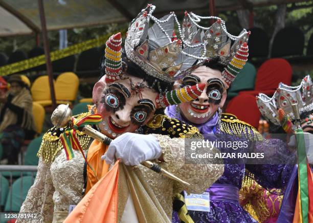 Dancers of the Diablada dance take part in the main parade of the Oruro carnival in Oruro, Bolivia, on February 26, 2022. - The Oruro carnival is...