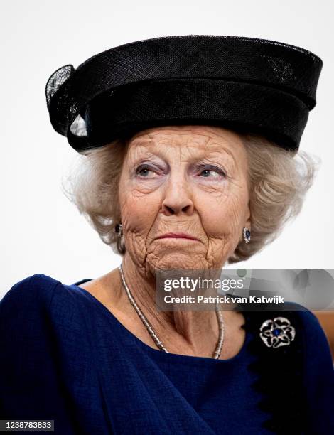 Princess Beatrix of The Netherlands attends the 80th commemoration of the battle in the Java Sea in the Kloosterkerk on February 26, 2022 in The...