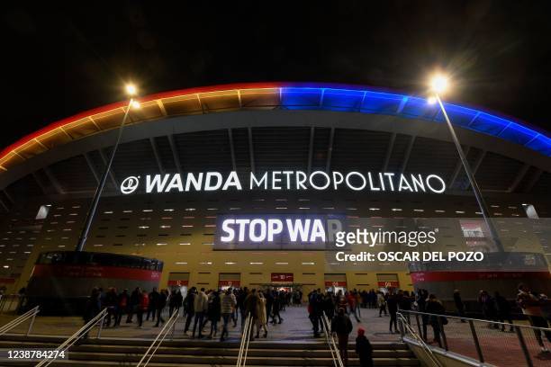Message reading "Stop war" is displayed on a screen at the entrance of the stadium before the start of the Spanish Liga football match between Club...