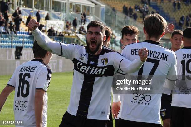 Elias Cobbaut of PARMA CALCIO celebrates during the Serie B match between Parma Calcio and Spal at Ennio Tardini on February 26, 2022 in Parma, Italy.