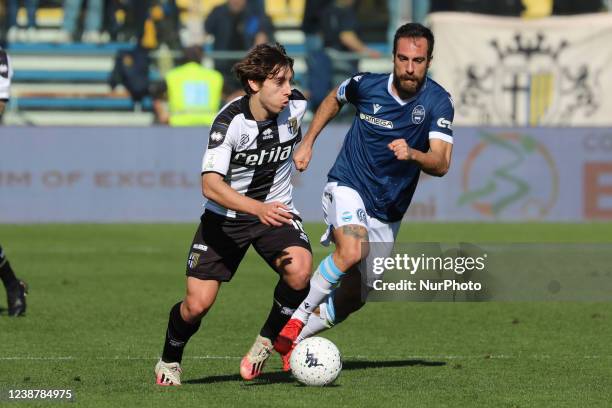Adrian Bernabe of PARMA CALCIO competes for the ball with Marco Mancosu of SPAL during the Serie B match between Parma Calcio and Spal at Ennio...