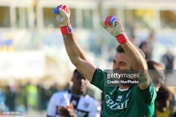 Gianluigi Buffon of PARMA CALCIO celebrates the victory during the Serie B match between Parma Calcio and Spal at Ennio Tardini on February 26, 2022...
