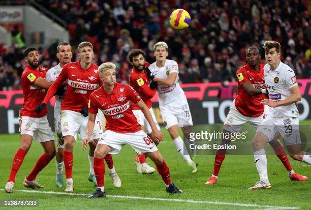 Players of FC Spartak Moscow and CSKA Moscow vie for the ball during the Russian Football League match between FC Spartak Moscow and CSKA Moscow at...