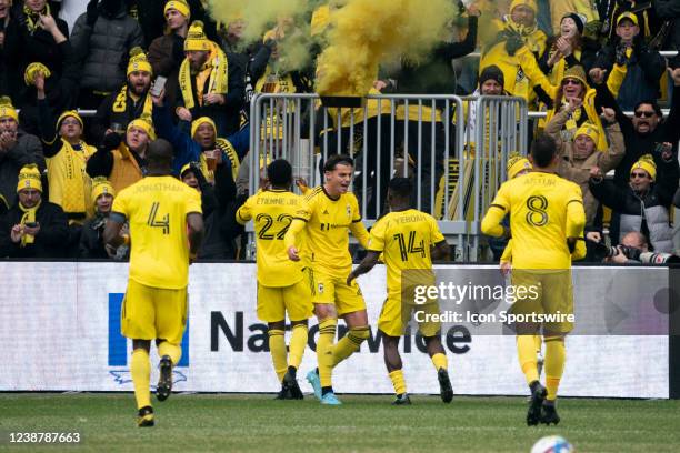Columbus Crew celebrate a goal during the game between Vancouver Whitecaps FC and Columbus Crew at Lower.com Field on February 26, 2022.