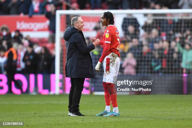 Steve Cooper, Nottingham Forest head coach celebrates victory with Djed Spence of Nottingham Forest during the Sky Bet Championship match between...