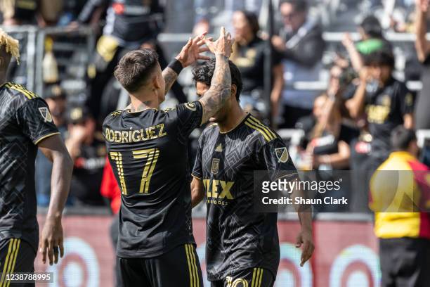 Carlos Vela of Los Angeles FC celebrates his 3rd goal during the match against Colorado Rapids at Banc of California Stadium in Los Angeles,...