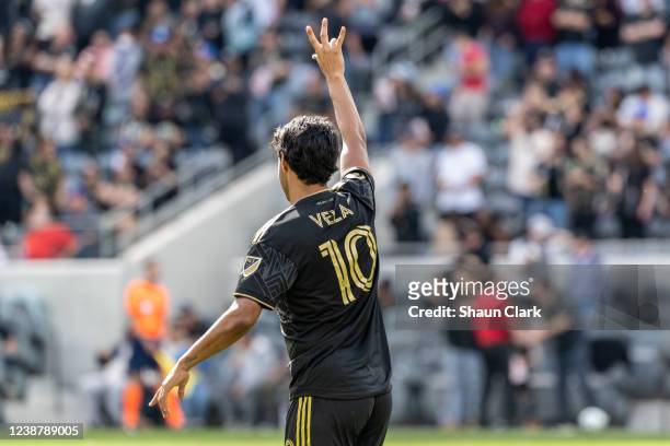 Carlos Vela of Los Angeles FC celebrates his 3rd goal during the match against Colorado Rapids at Banc of California Stadium in Los Angeles,...