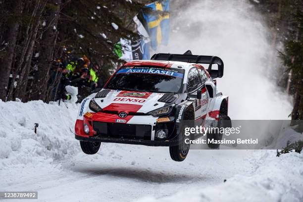 Takamoto Katsuta of Japan and Aaron Johnston of Ireland compete with their Toyota Gazoo Racing WRT NG Toyota GR Yaris Rally1 during Day Three of the...