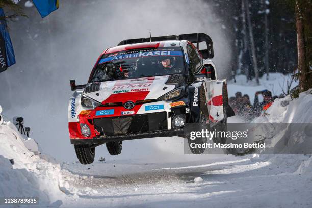 Elfyn Evans of Great Britain and Scott Martin of Great Britain compete with their Toyota Gazoo Racing WRT Toyota GR Yaris Rally1 during Day Three of...