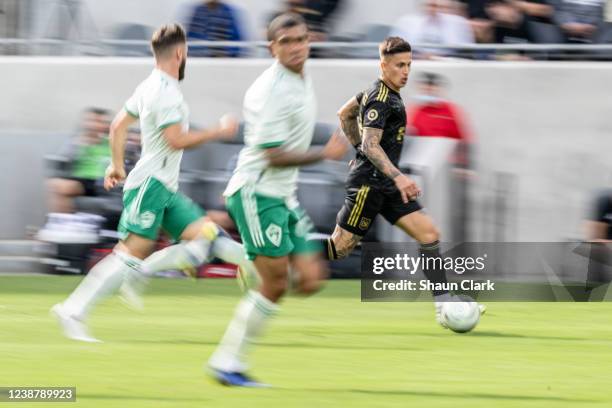 Cristian Arango of Los Angeles FC races upfield during the match against Colorado Rapids at Banc of California Stadium in Los Angeles, California on...