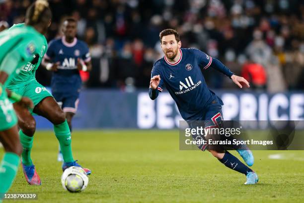 Lionel Messi of Paris Saint Germain runs in the field during the Ligue 1 Uber Eats match between Paris Saint Germain and AS Saint-Etienne at Parc des...