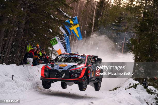 Oliver Solberg of Sweden and Elliott Edmondson of Great Britain compete with their Hyundai Shell Mobis WRT Hyundai i20 N Rally1 during Day Three of...