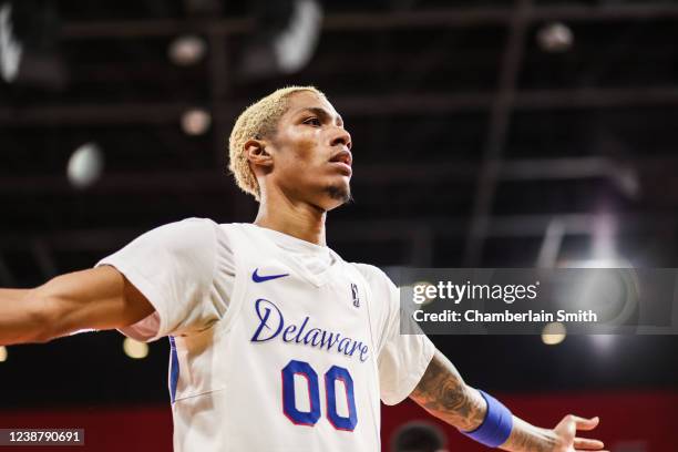 February 26: Patrick McCaw of the Delaware Blue Coats celebrates during the game against the College Park Skyhawks on February 26, 2022 at Gateway...