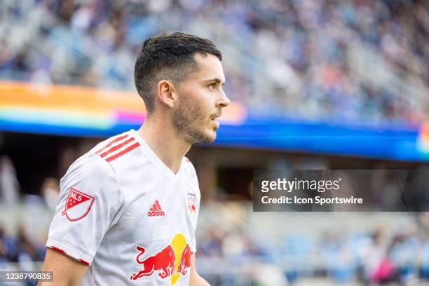 New York Red Bulls midfielder Lewis Morgan gets ready to take a corner kick during the MLS professional mens soccer game between the New York Red...