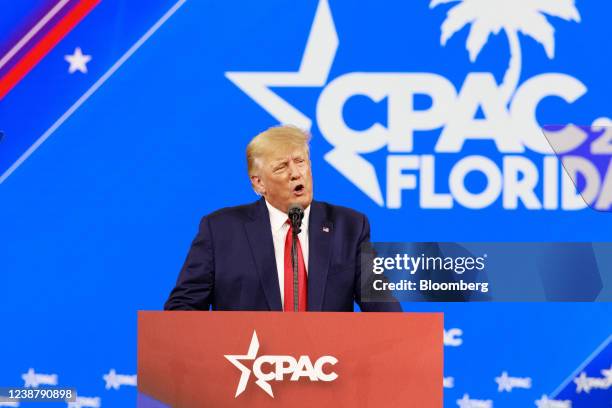 Former U.S. President Donald Trump speaks during the Conservative Political Action Conference in Orlando, Florida, U.S., on Saturday, Feb. 26, 2022....