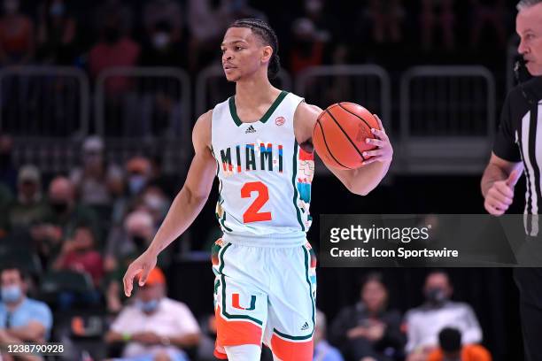 Miami guard Isaiah Wong handles the ball in the second half as the University of Miami Hurricanes faced the Virginia Tech Hokies on February 26 at...