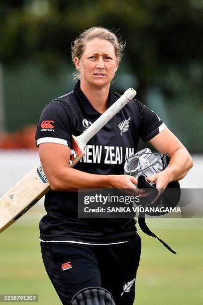 New Zealand's Sophie Devine walks back to the pavilion after her dismissal during a warm up T20 cricket match between New Zealand and Pakistan at...