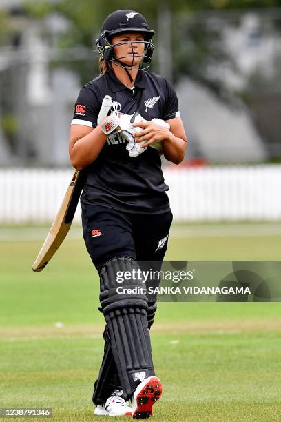 New Zealand's Suzie Bates walks back to the pavilion after her dismissal during a warm up T20 cricket match between New Zealand and Pakistan at Bert...