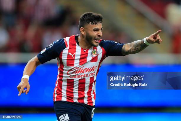 Alexis Vega of Chivas celebrates after scoring the second goal of his team during the 7th round match between Chivas and Puebla as part of the Torneo...