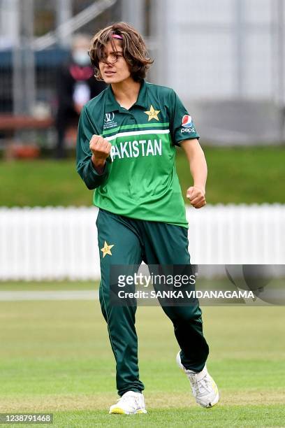 Pakistan's Diana Baig celebrtes the dismissal of New Zealand's Suzie Bates during a warm up T20 cricket match between New Zealand and Pakistan at...