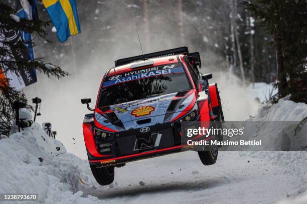 Ott Tanak of Estonia and Martin Jarveoja of Estonia compete with their Hyundai Shell Mobis WRT Hyundai i20 N Rally1 during Day Three of the FIA World...