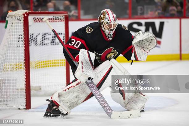 Ottawa Senators Goalie Matt Murray prepares to make a save during third period National Hockey League action between the Montreal Canadiens and...