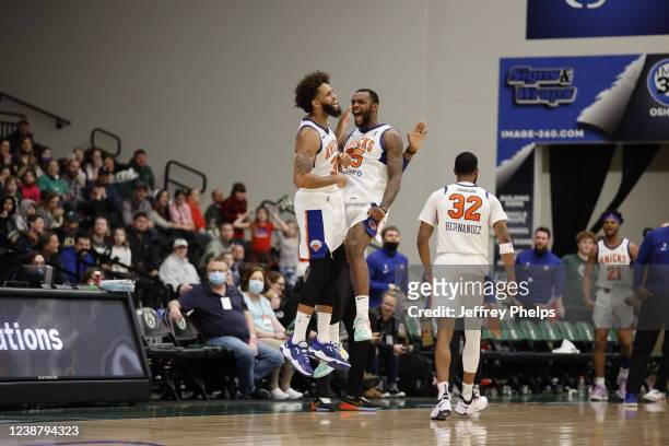Allen Crabbe of the Westchester Knicks and Aamir Simms of the Westchester Knicks react to Crabbes game winning basket against the Wisconsin Herd...