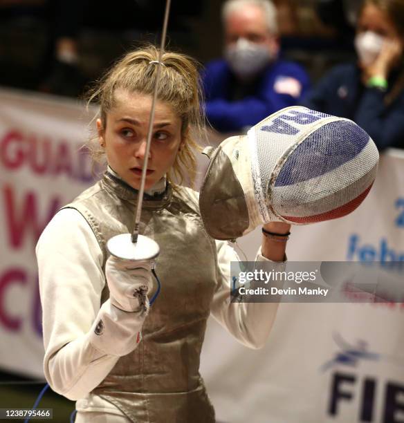 Jade Marechal of France prepares to fence during the elimination rounds at the Women's Foil World Cup at the Fiesta Americana Guadalajara Hotel on...