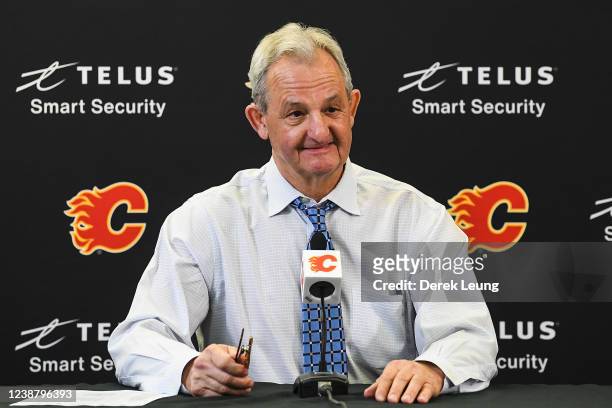 Coach Darryl Sutter of the Calgary Flames addresses the media after the 7-3 win during an NHL game at Scotiabank Saddledome on February 26, 2022 in...