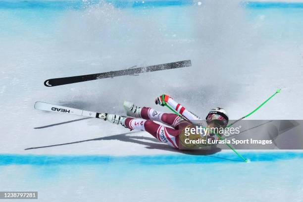 Cornelia Huetter of Austria during the Audi FIS Alpine Ski World Cup Crans-Montana Womens Downhill on February 27, 2022 in Crans-Montana, Switzerland.