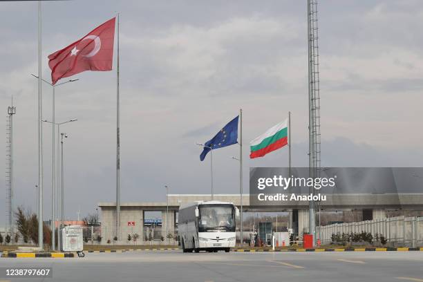 Bus carrying Turkish nationals evacuated from Ukraine arrives in homeland through northwestern Hamzabeyli Border Gate at the Turkish-Bulgarian border...