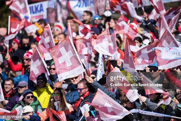 Swiss fans during the Audi FIS Alpine Ski World Cup Crans-Montana Womens Downhill on February 27, 2022 in Crans-Montana, Switzerland.