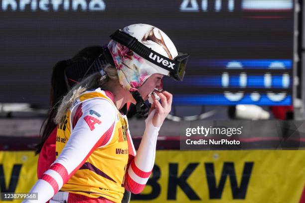 Cornelia Huetter of Austria during the Audi FIS Alpine Ski World Cup Crans-Montana Womens Downhill on February 27, 2022 in Crans-Montana,...