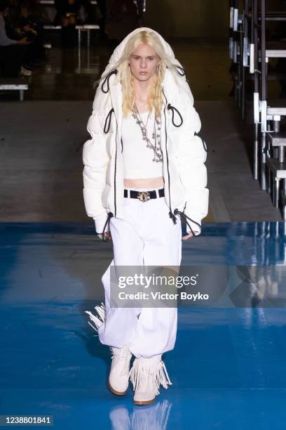 Model walks the runway at the Dsquared2 fashion show during the Milan Fashion Week Fall/Winter 2022/2023 on February 27, 2022 in Milan, Italy.